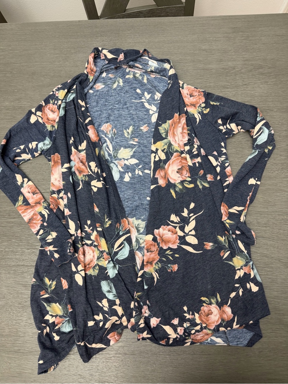 Floral Open-Front Women's Cardigan Sweater - Navy Blue with Blush Roses